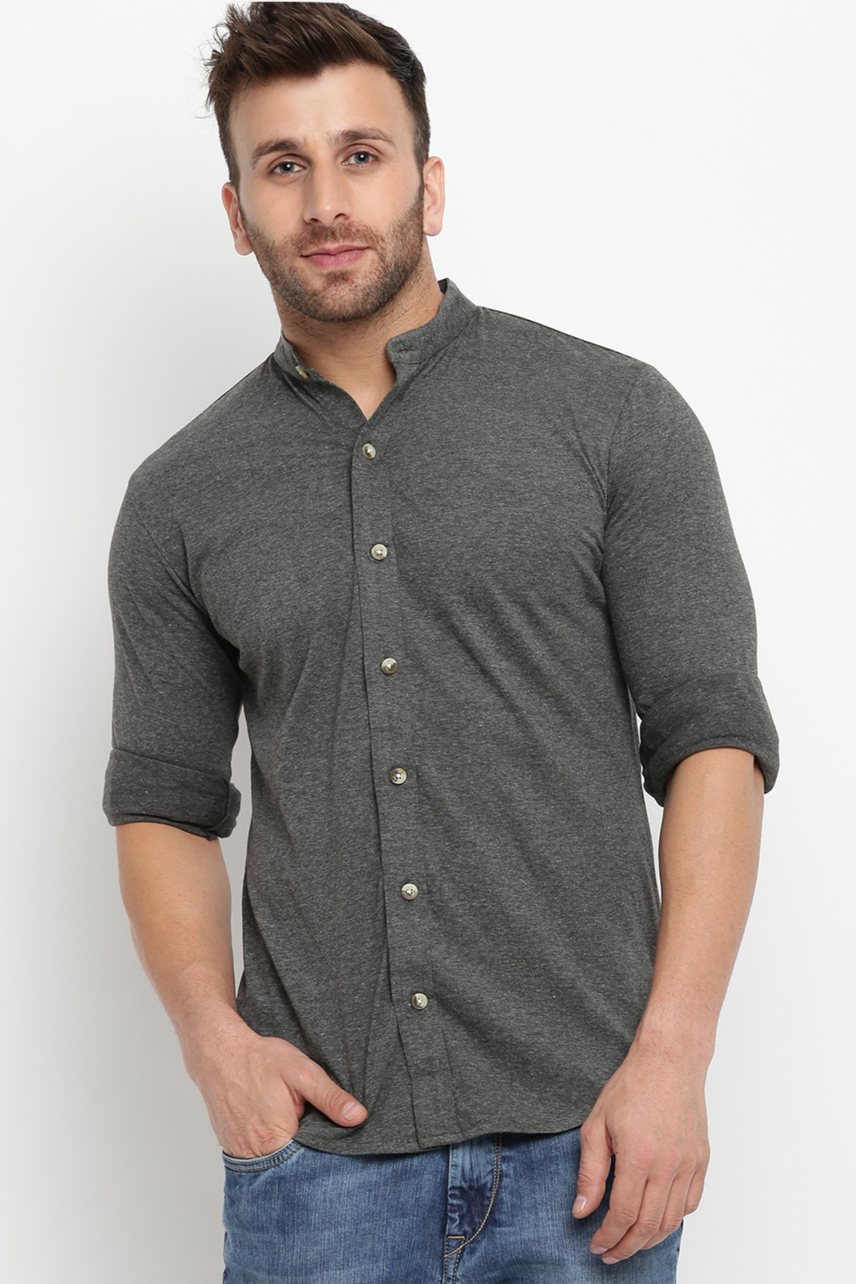Dark Grey Full Sleeves  Chinese Collar Knitted Shirt