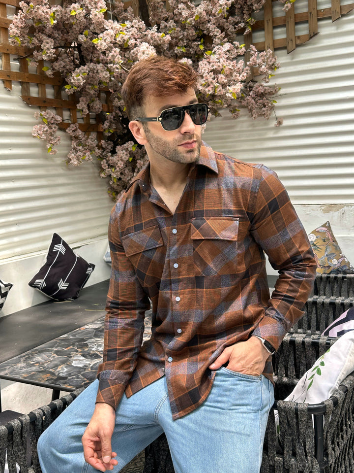Brown Check Double Pocket Flannel Shirt