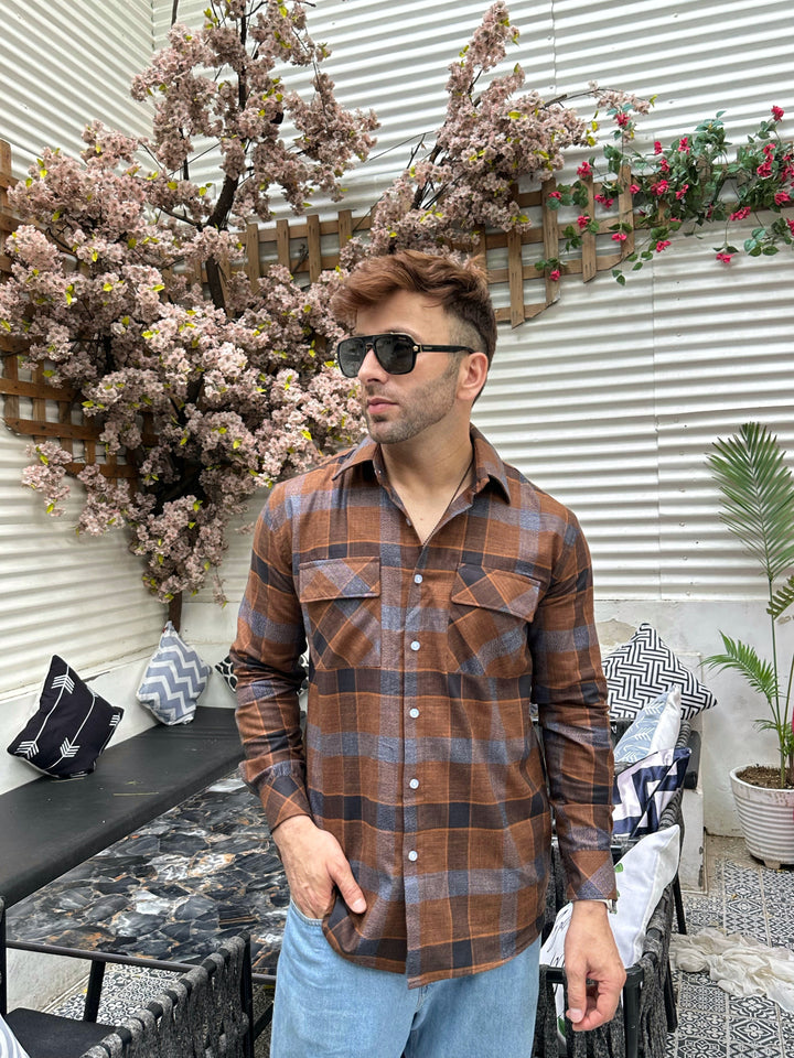 Brown Check Double Pocket Flannel Shirt