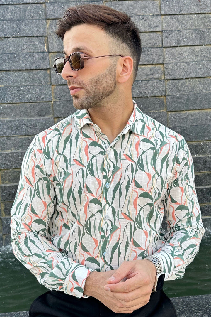 White Green "Leaf" Floral Cotton Shirt