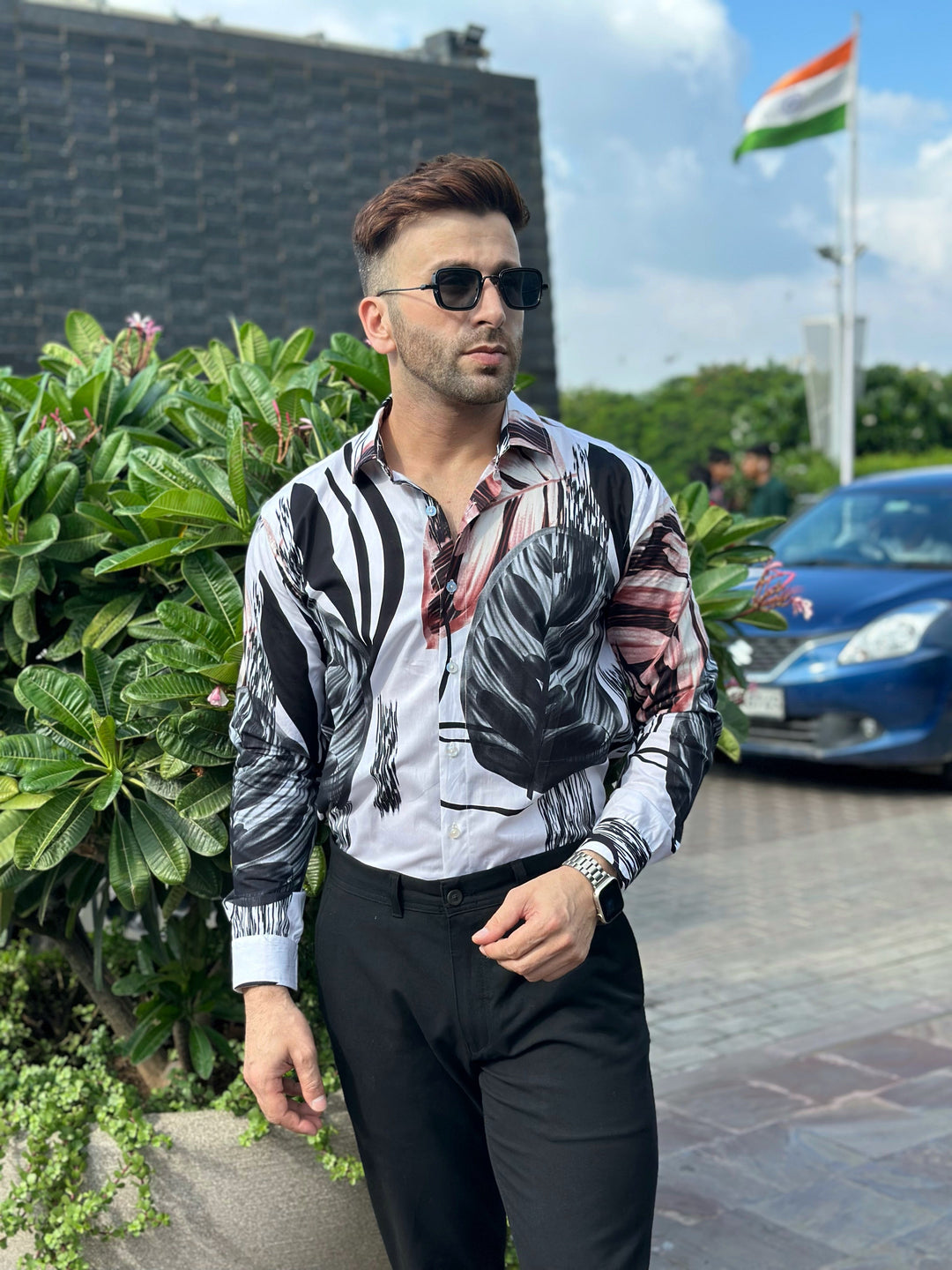 White Black Floral Cotton Shirt