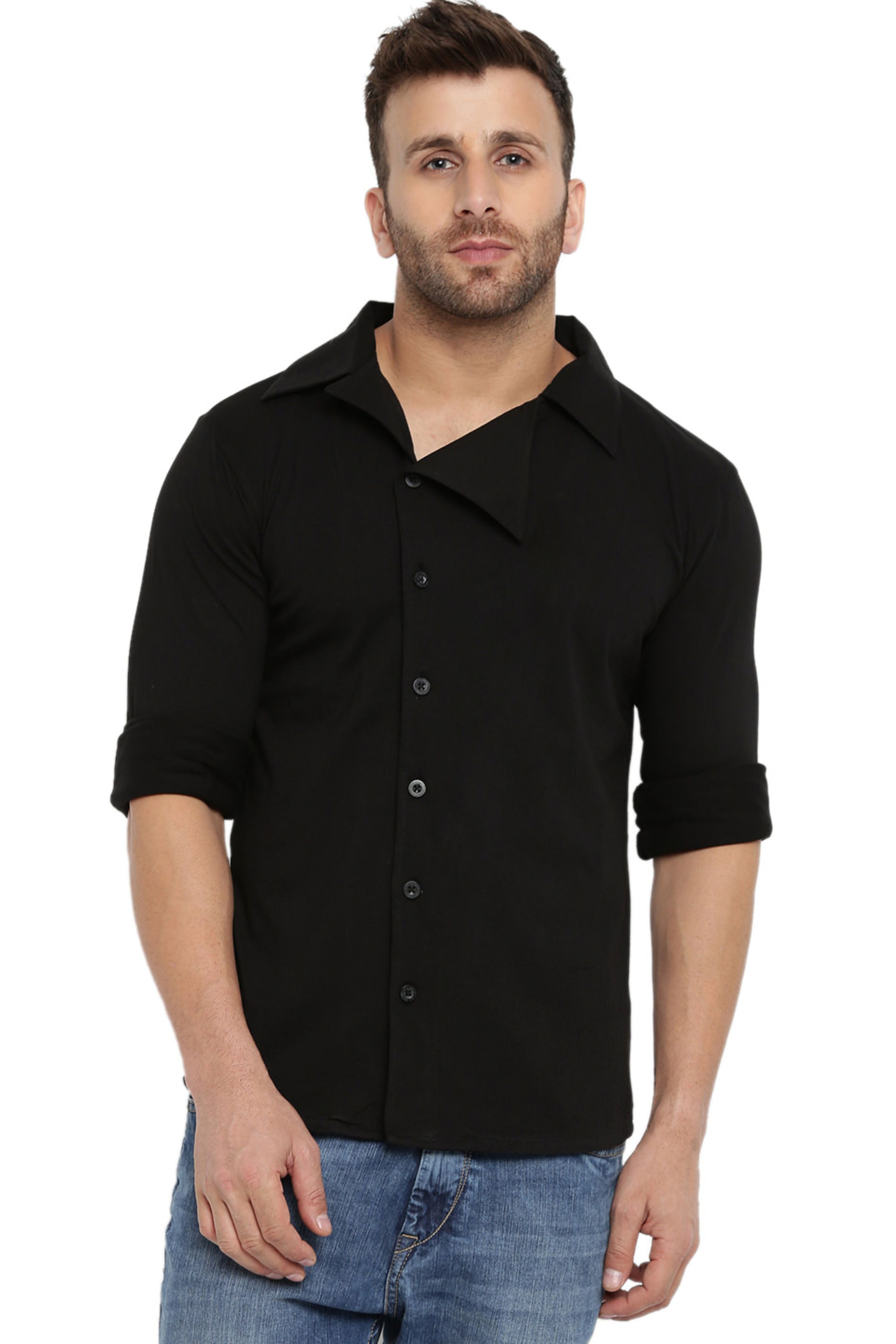 Black Side Placket Full Sleeves Knitted Shirt