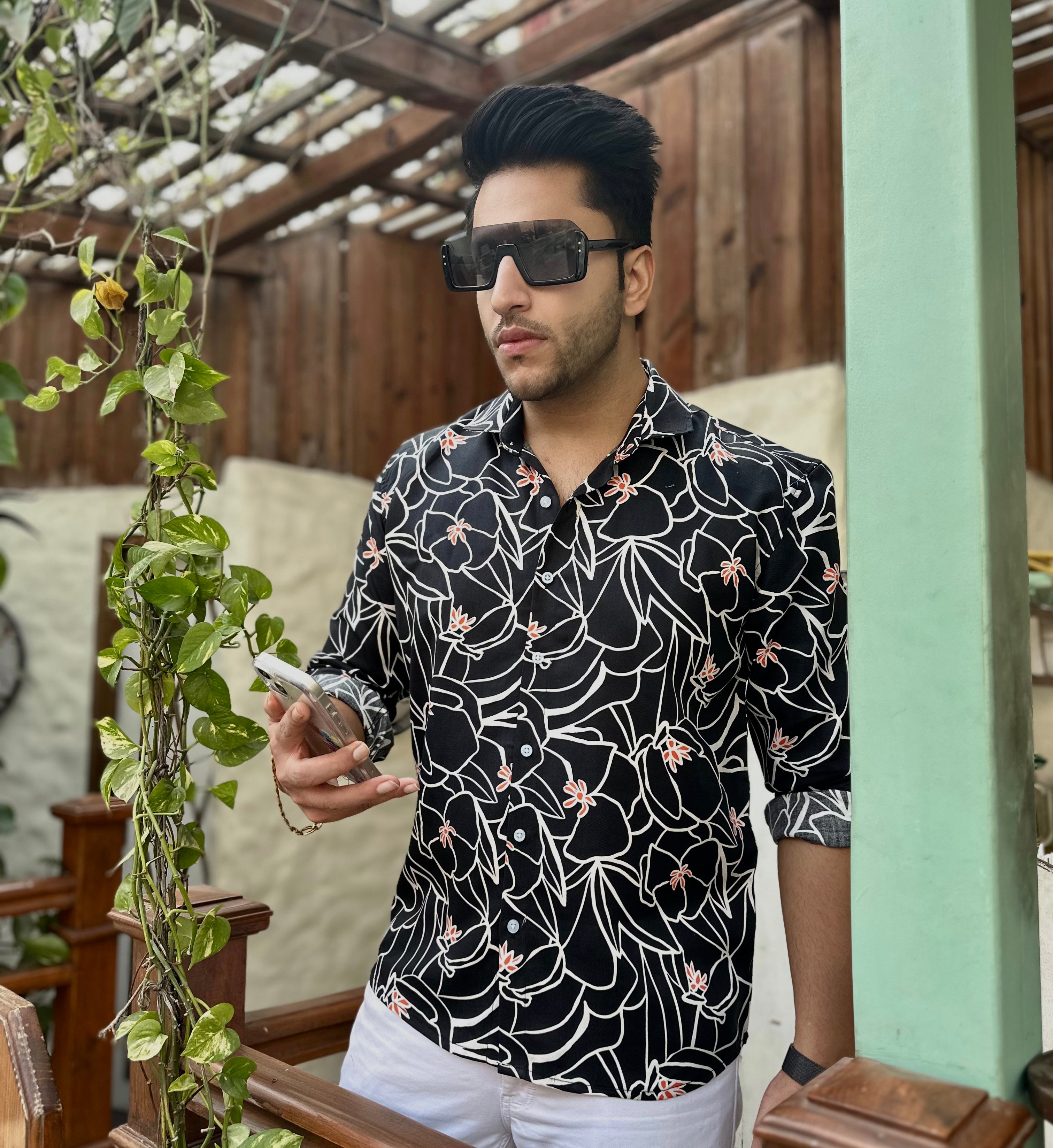 Black "Knight" Floral Rayon Shirt-GSFSSHRT2961BLACKWHT