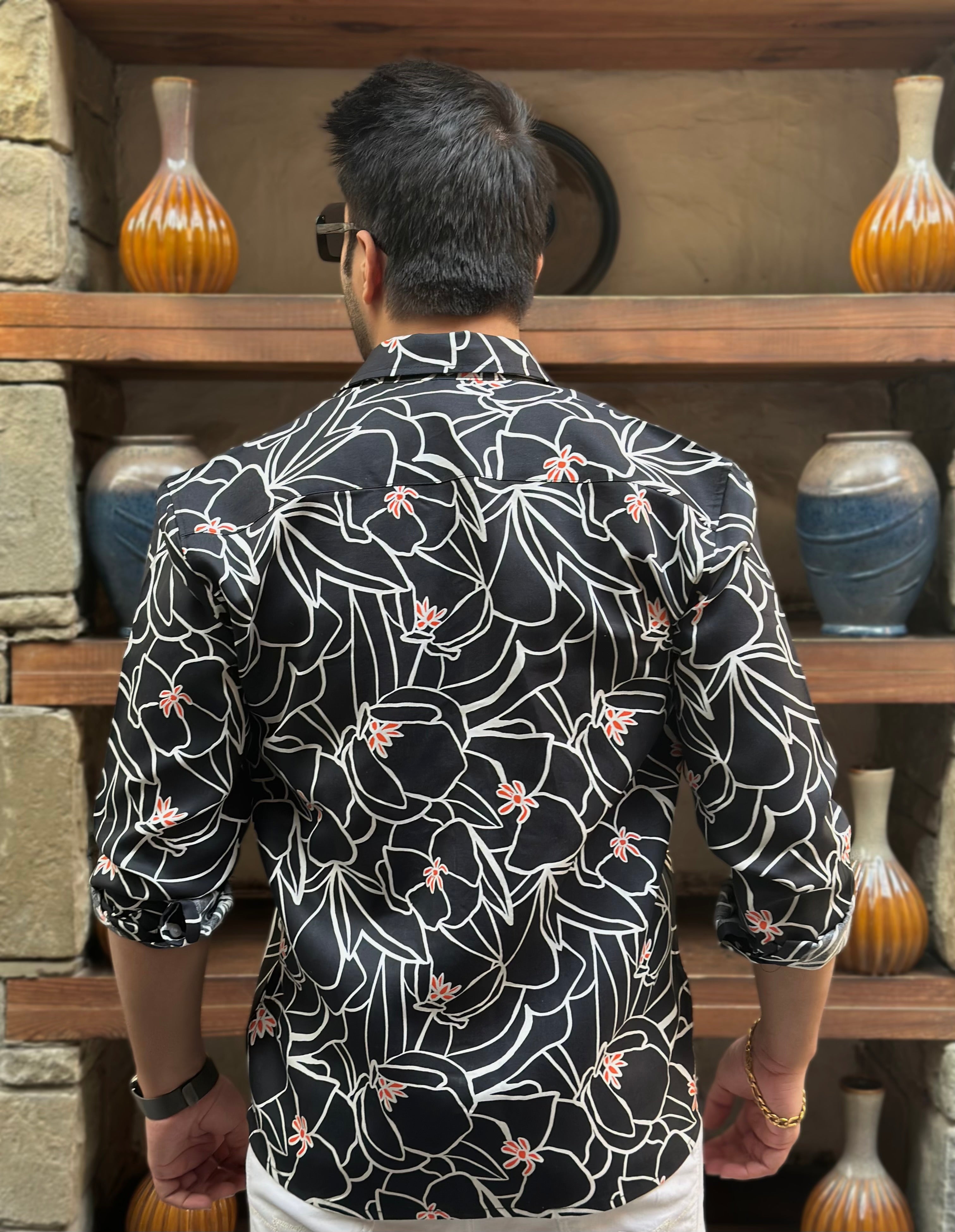 Black "Knight" Floral Rayon Shirt-GSFSSHRT2961BLACKWHT