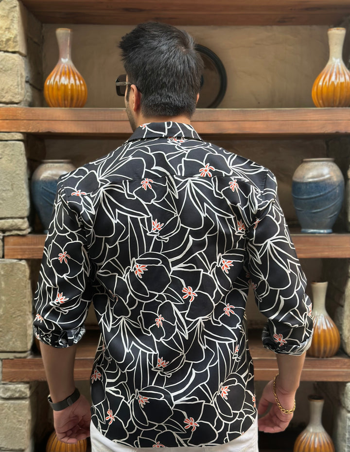 Black "Knight" Floral Rayon Shirt-GSFSSHRT2961BLACKWHT