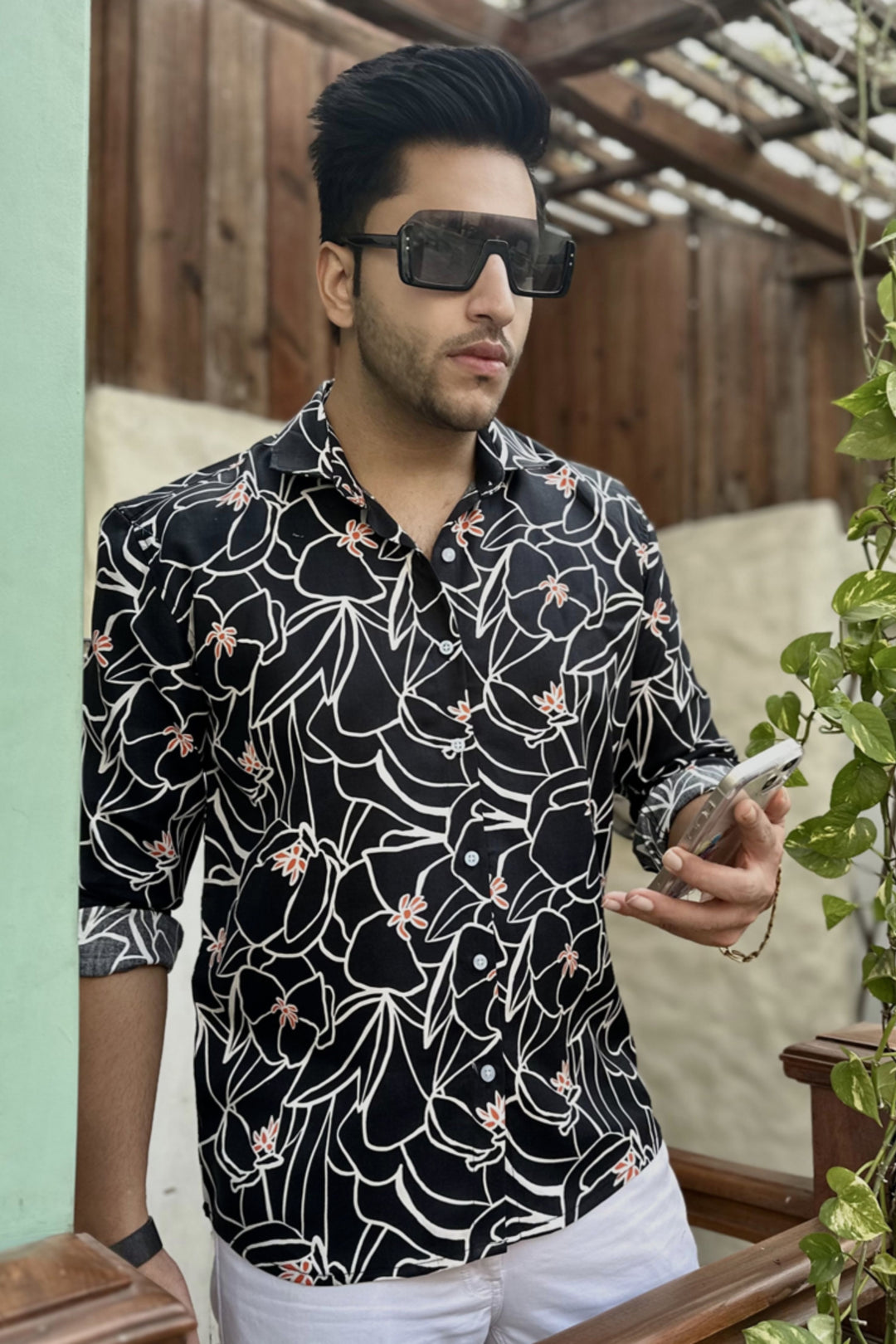 Black "Knight" Floral Rayon Shirt-GSFSSHRT2961BLACKWHT