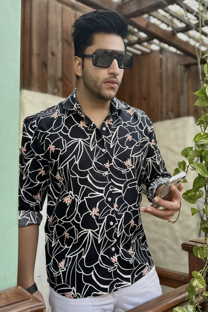 Black "Knight" Floral Rayon Shirt-GSFSSHRT2961BLACKWHT