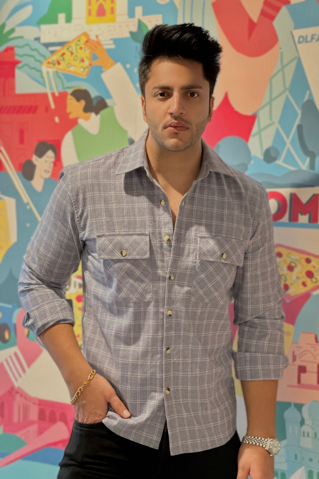 Warm  Blue Double Pocket Flannel Shirt