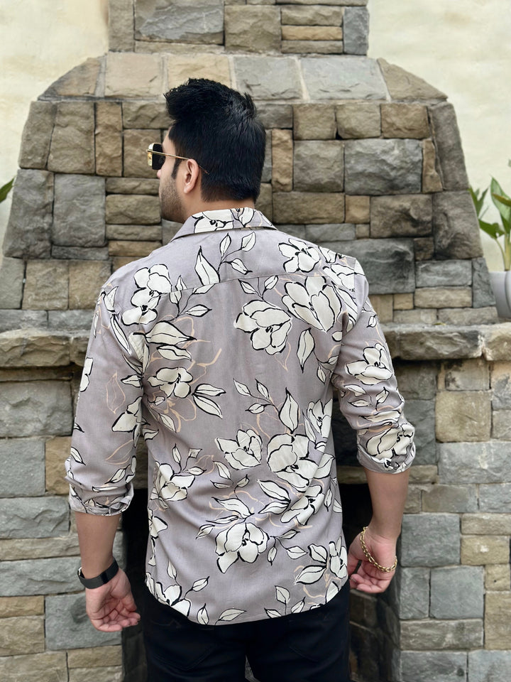 Grey White Floral Rayon Shirt
