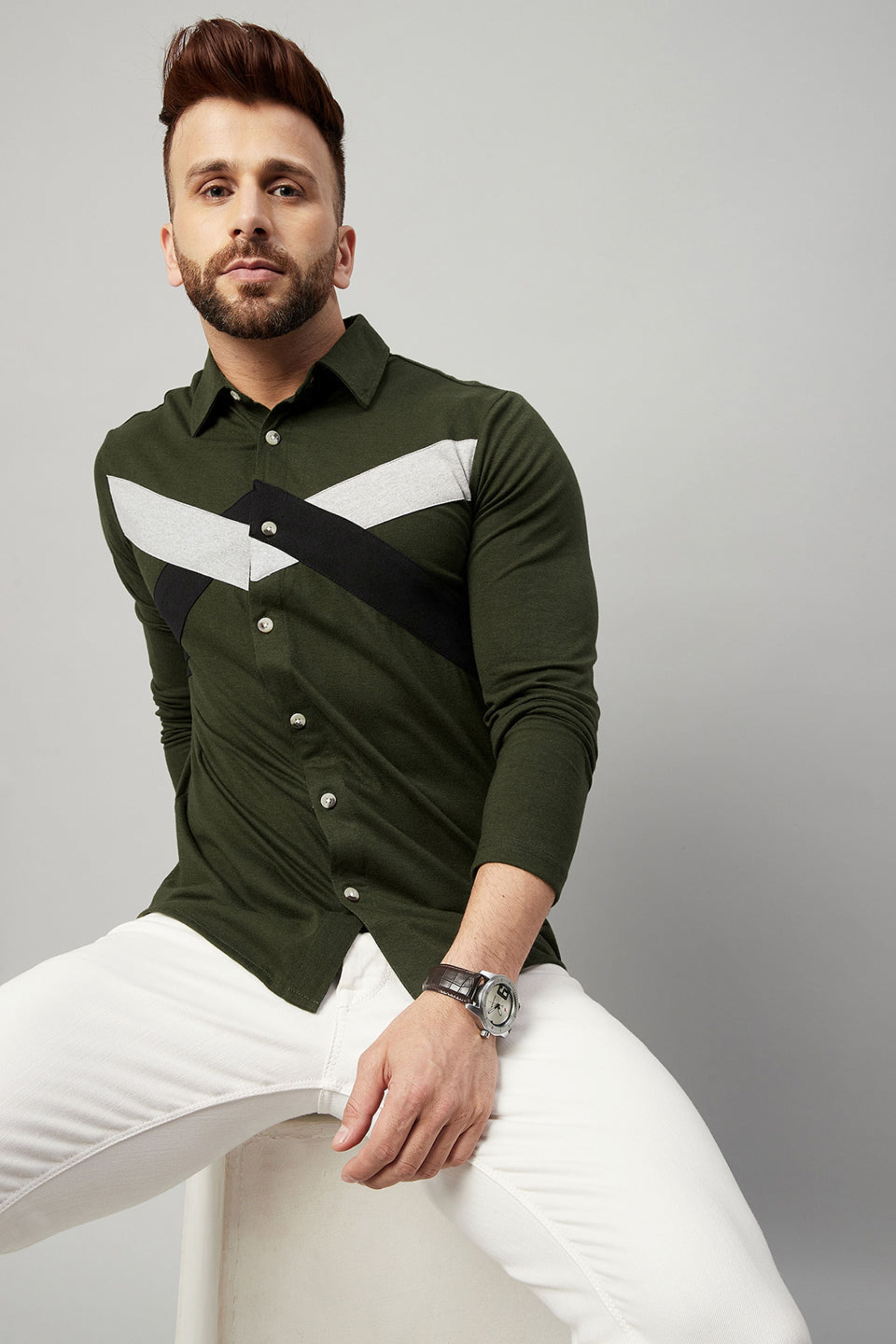 Olive Full Sleeve Color Block Knitted Shirt
