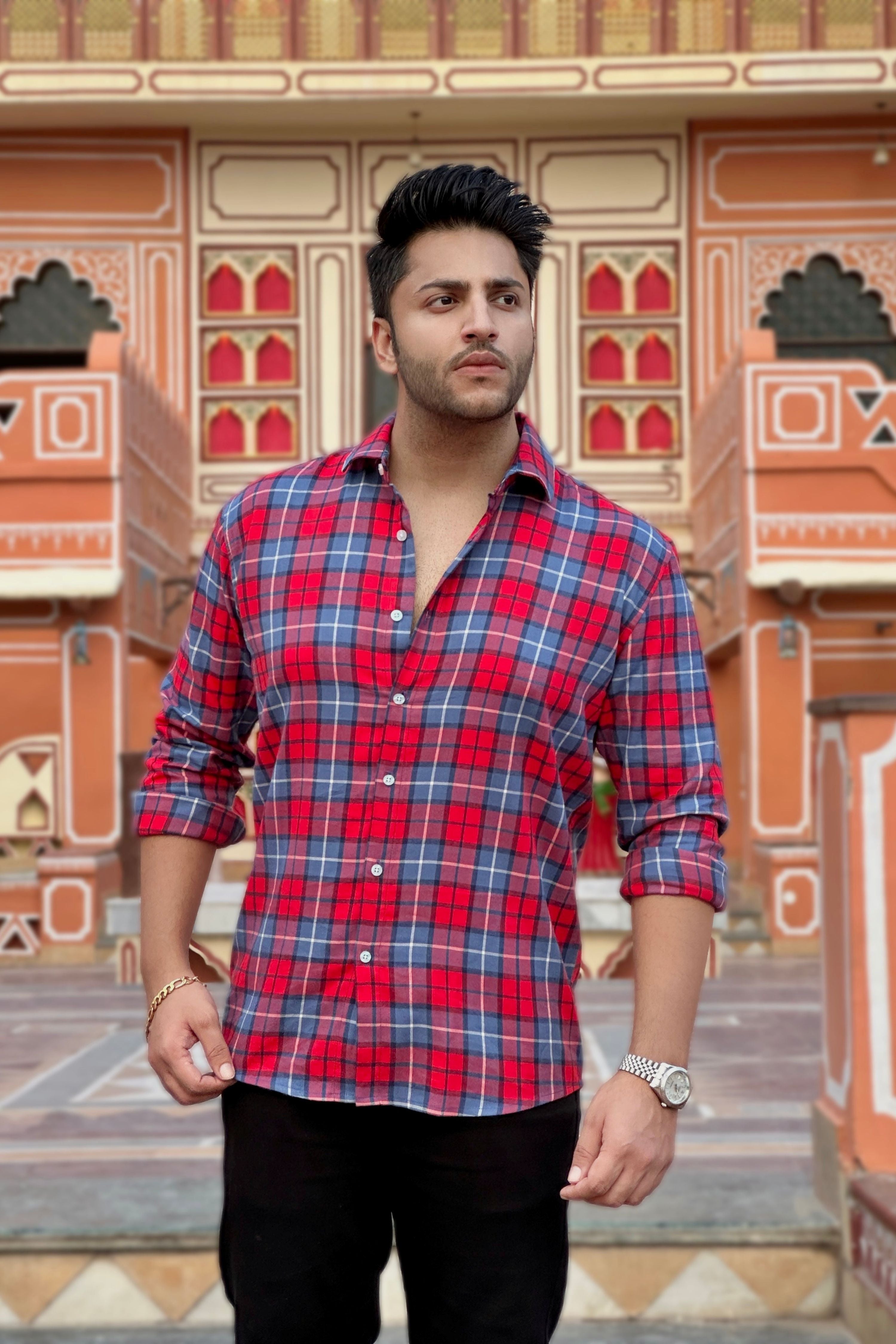 Red Blue Check Cotton Shirt