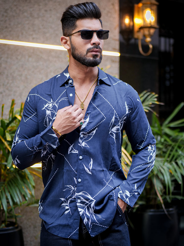 Navy Blue White Floral Printed Shirt