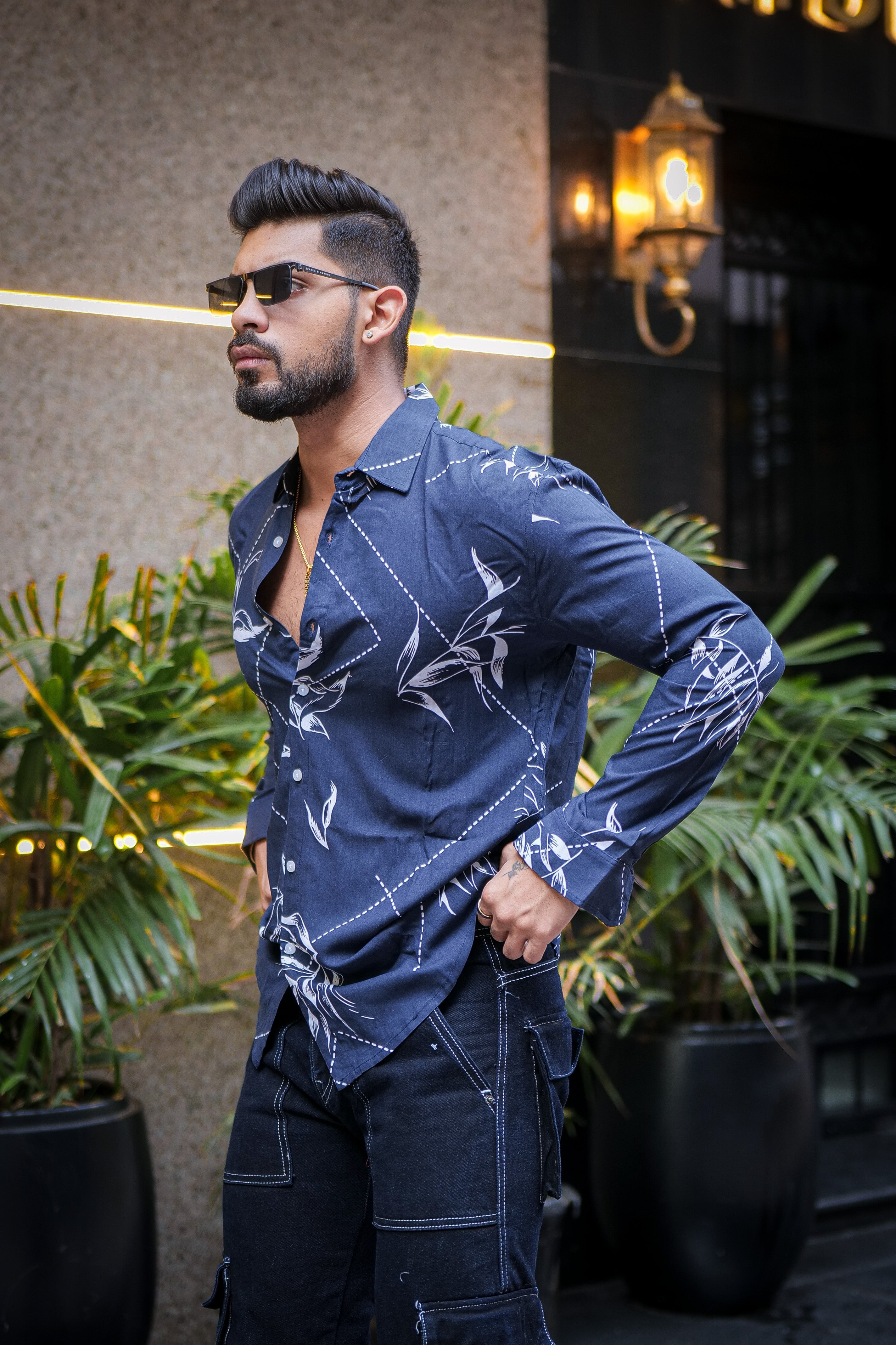 Navy Blue White Floral Printed Shirt