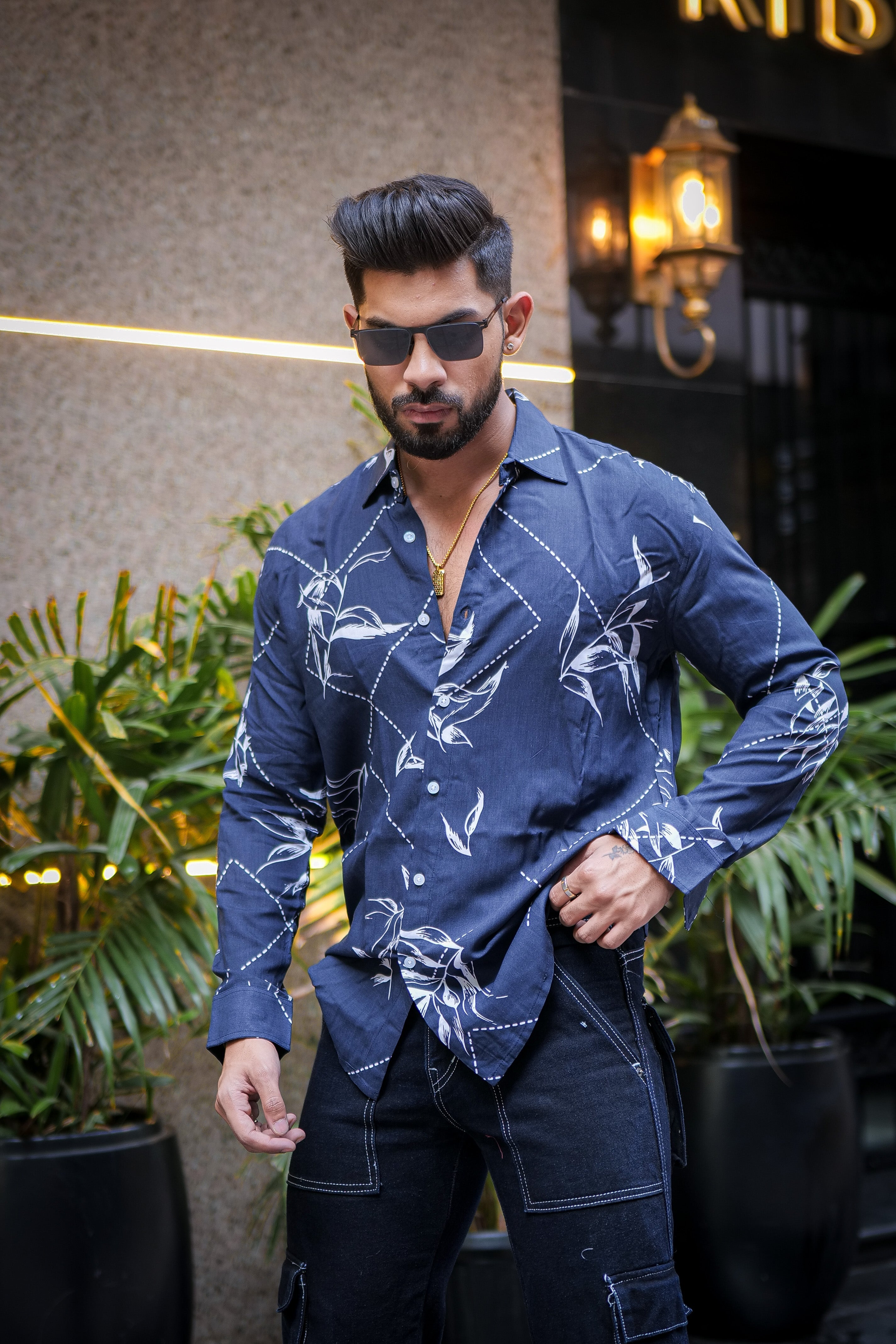 Navy Blue White Floral Printed Shirt