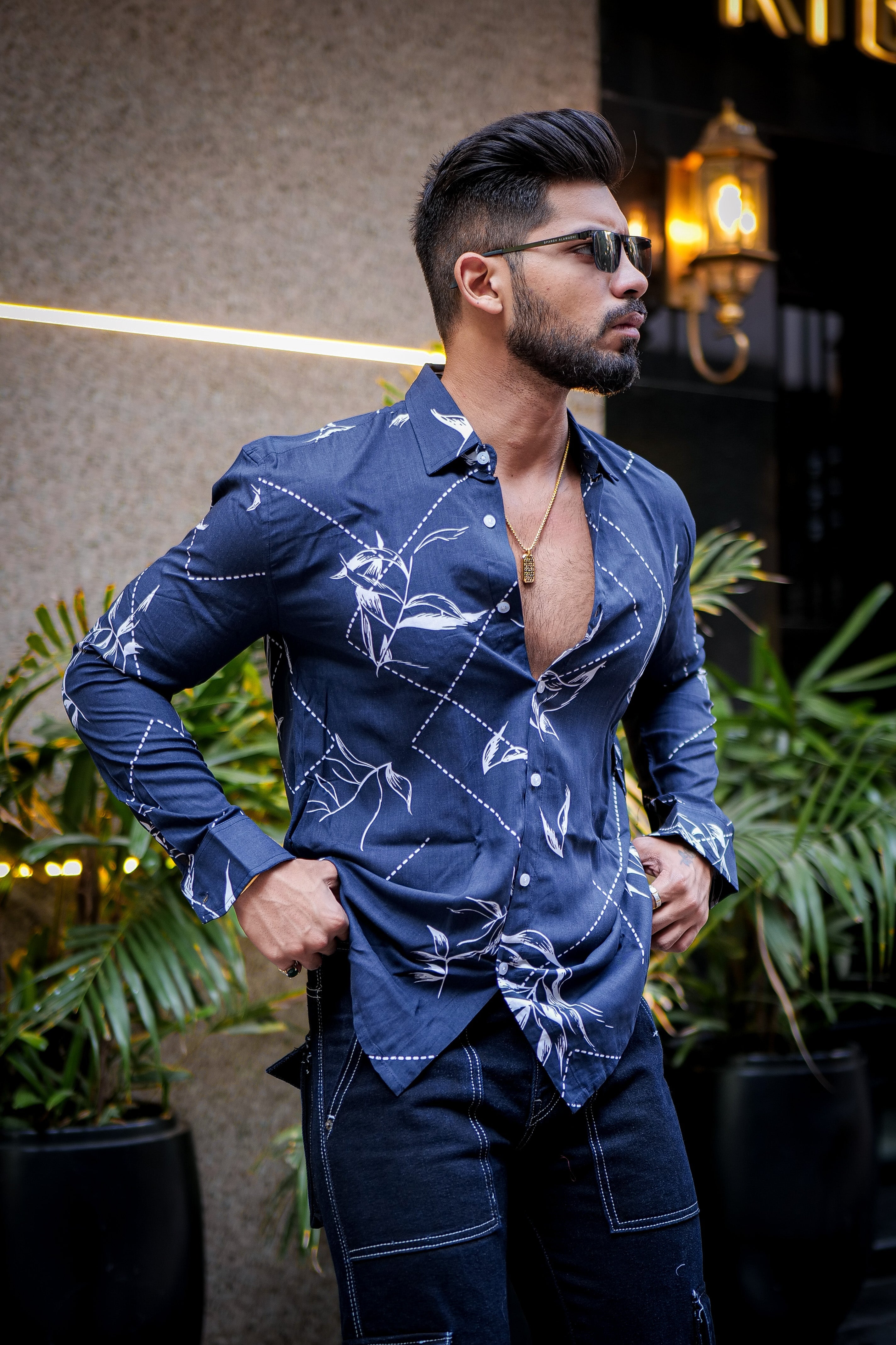 Navy Blue White Floral Printed Shirt