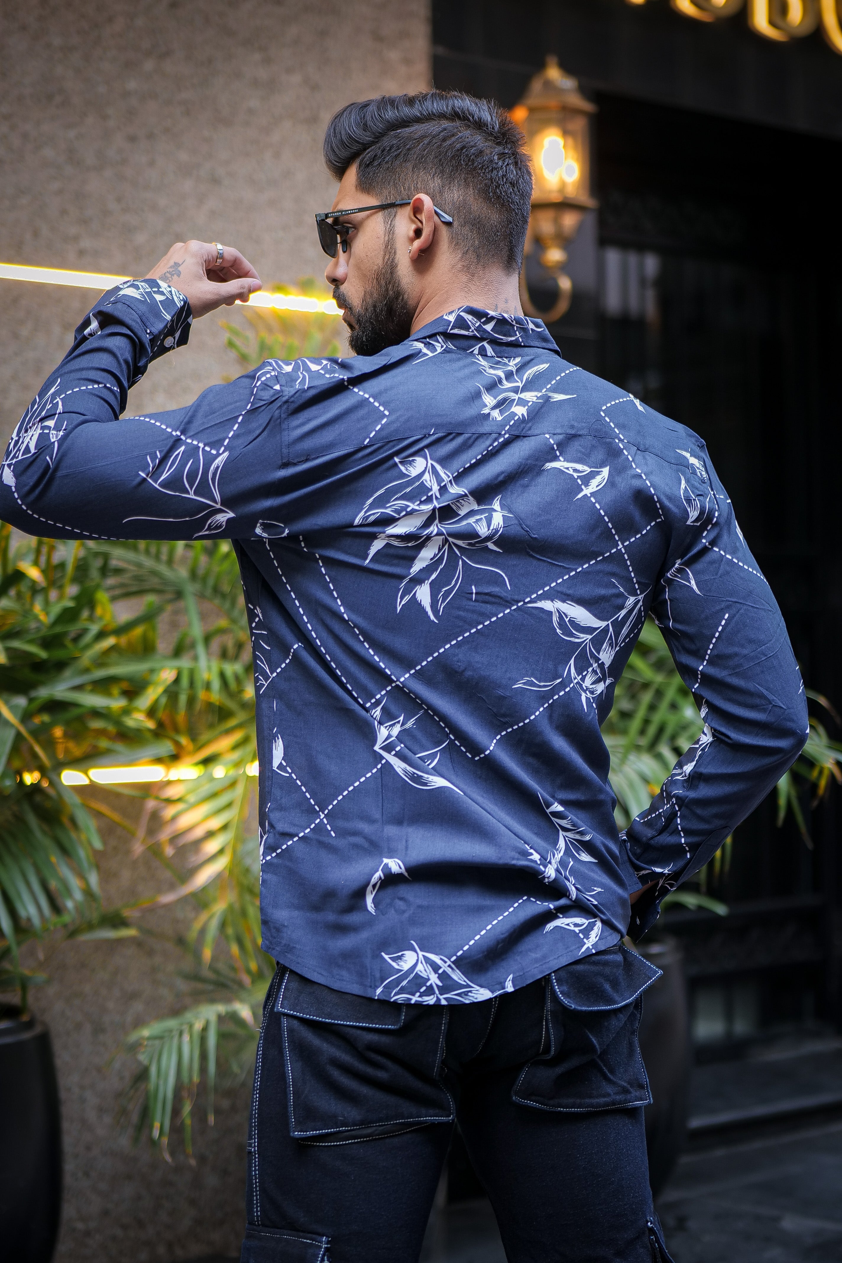 Navy Blue White Floral Printed Shirt