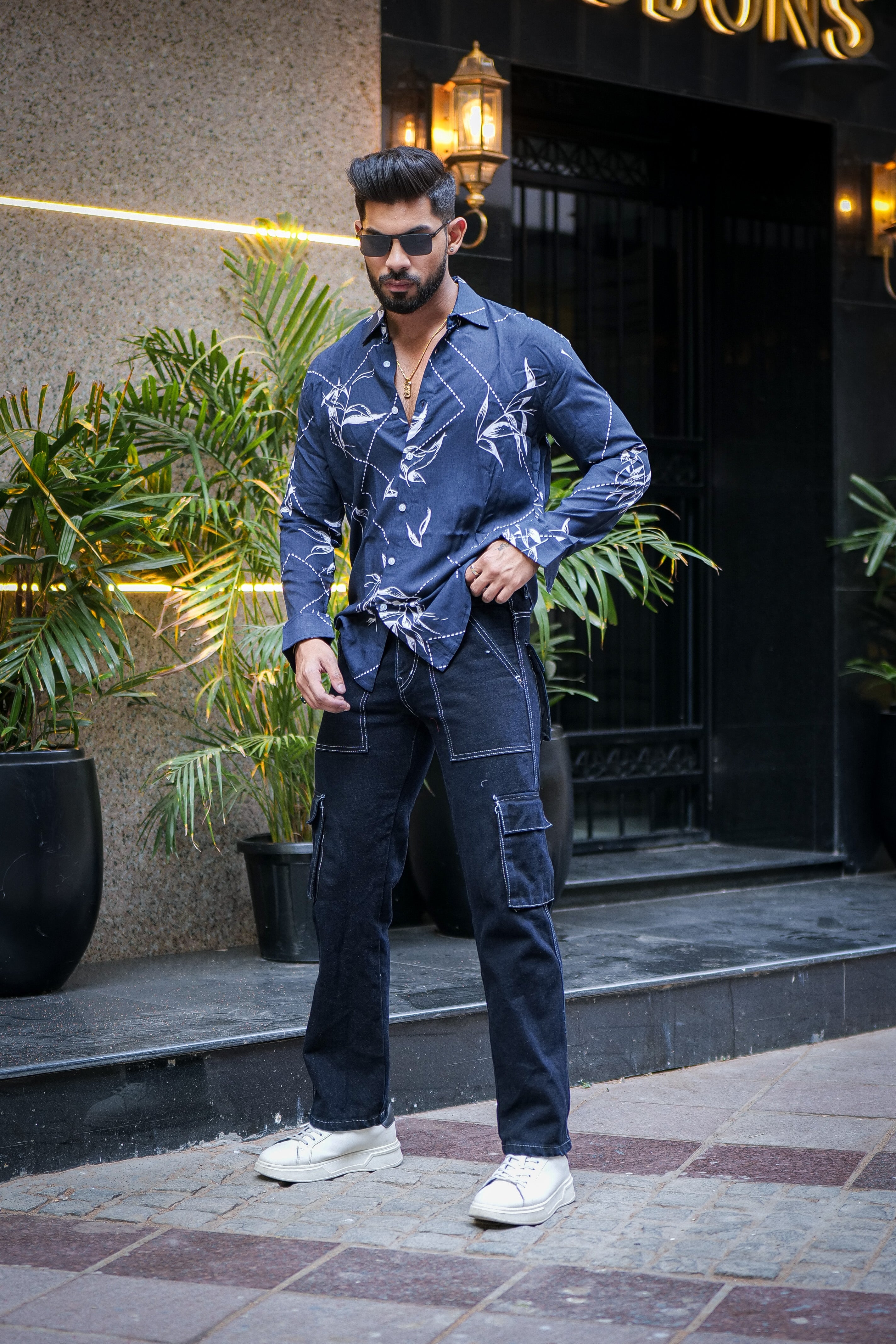 Navy Blue White Floral Printed Shirt