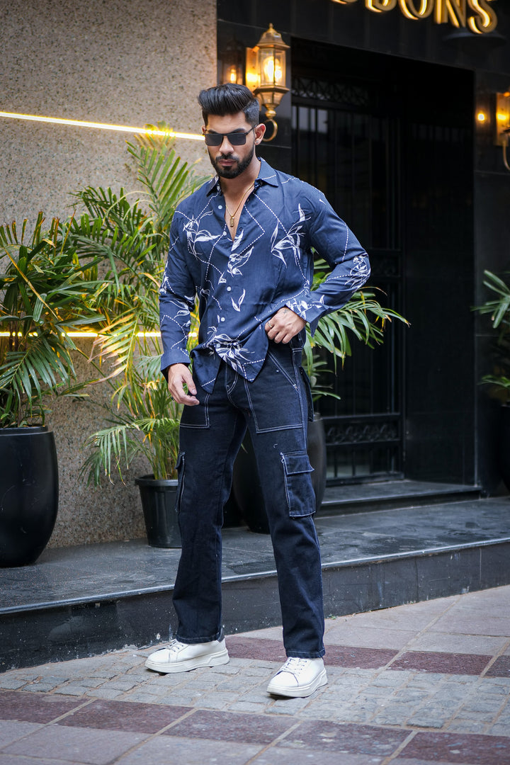 Navy Blue White Floral Printed Shirt
