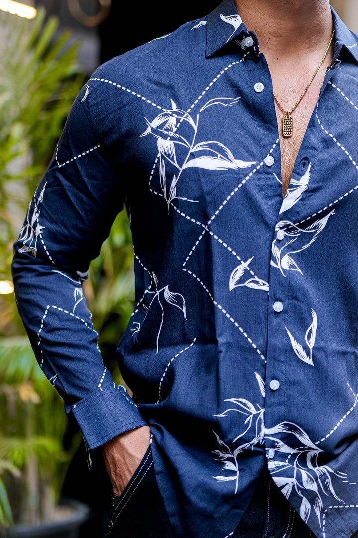 Navy Blue White Floral Printed Shirt