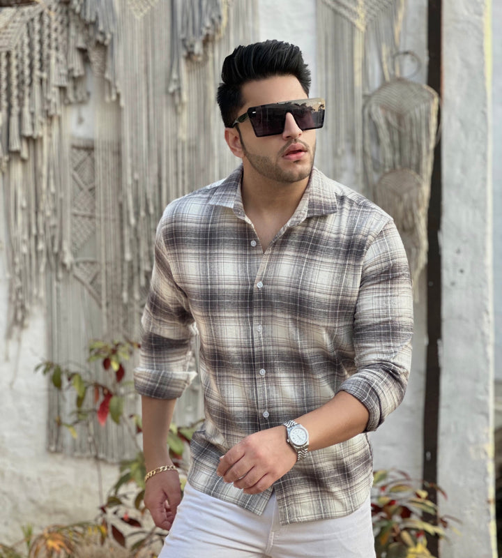 Brushed  Full Sleeve White Grey Flannel Shirt