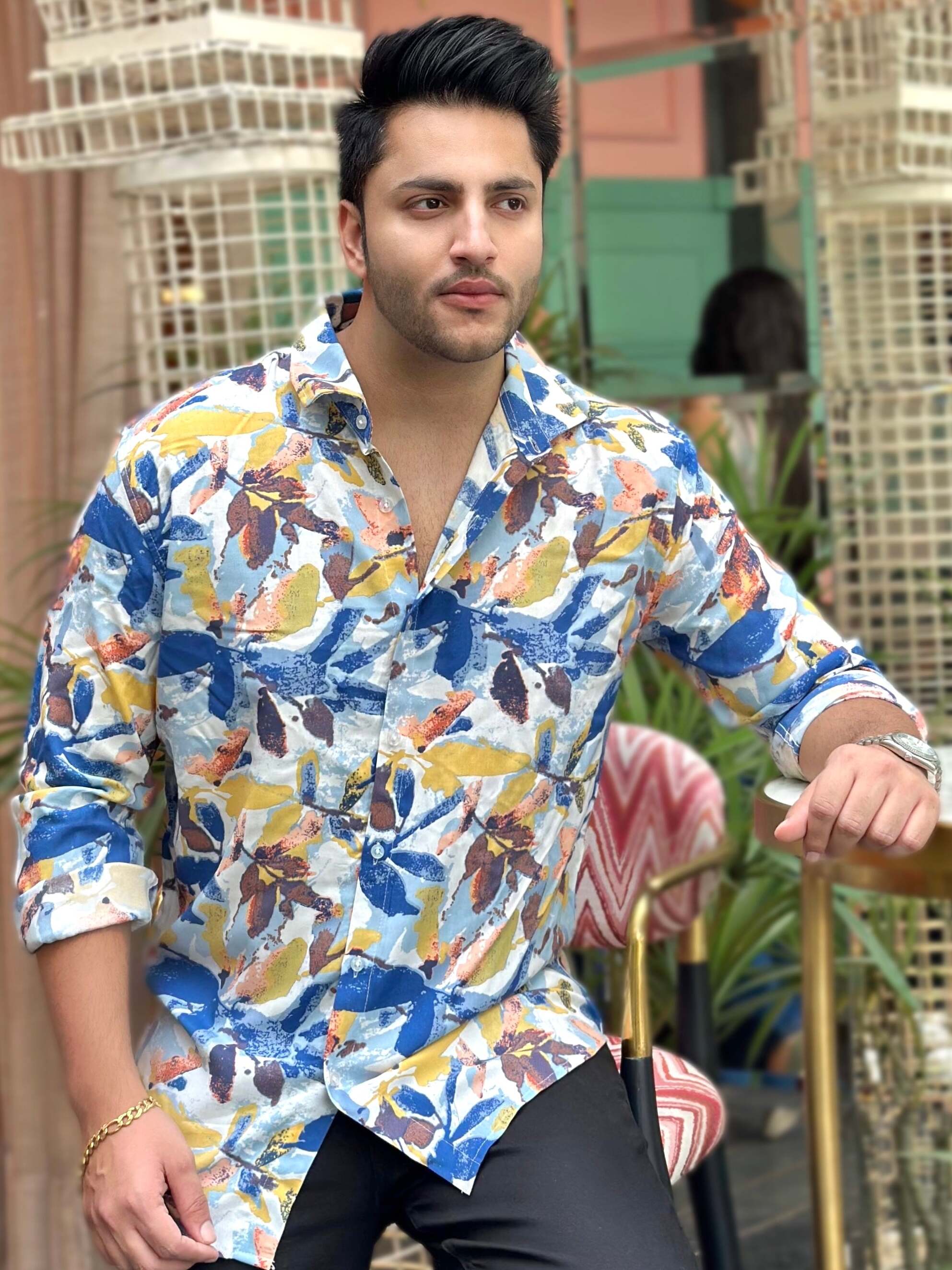 White Blue Leaf Rayon Shirt