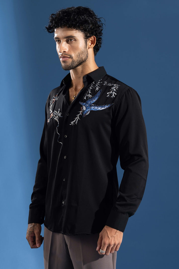 Black Color Bird Embellished Shirt
