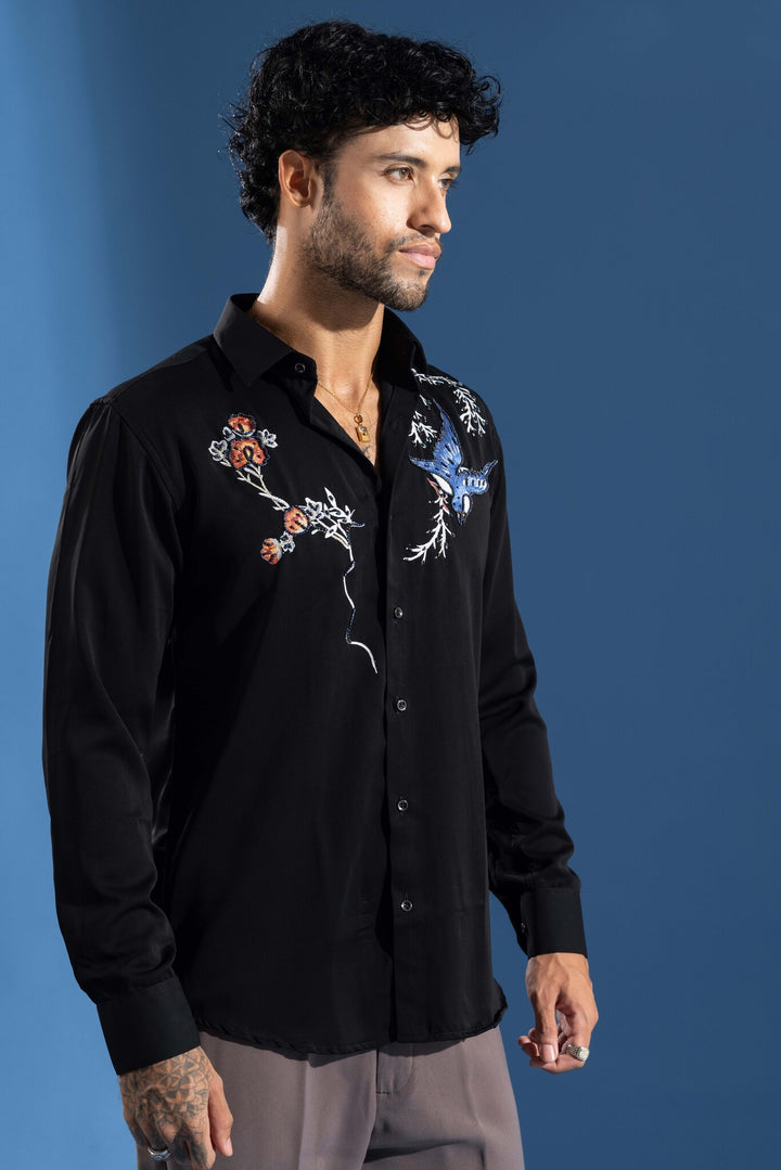 Black Color Bird Embellished Shirt