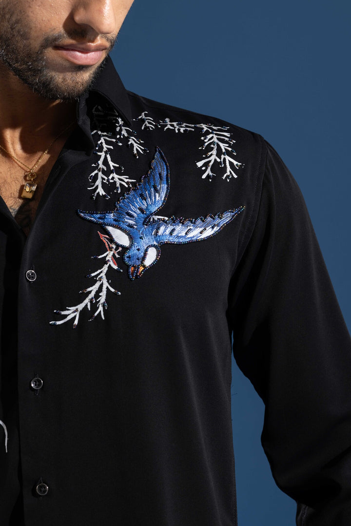 Black Color Bird Embellished Shirt