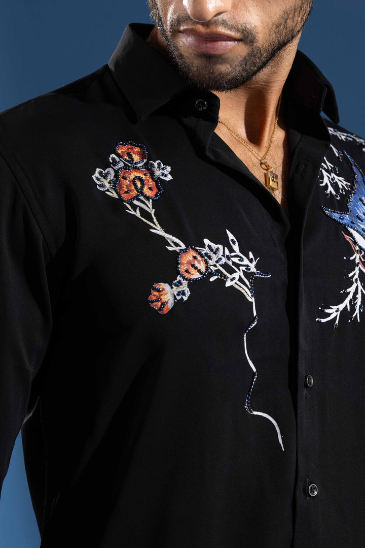 Black Color Bird Embellished Shirt