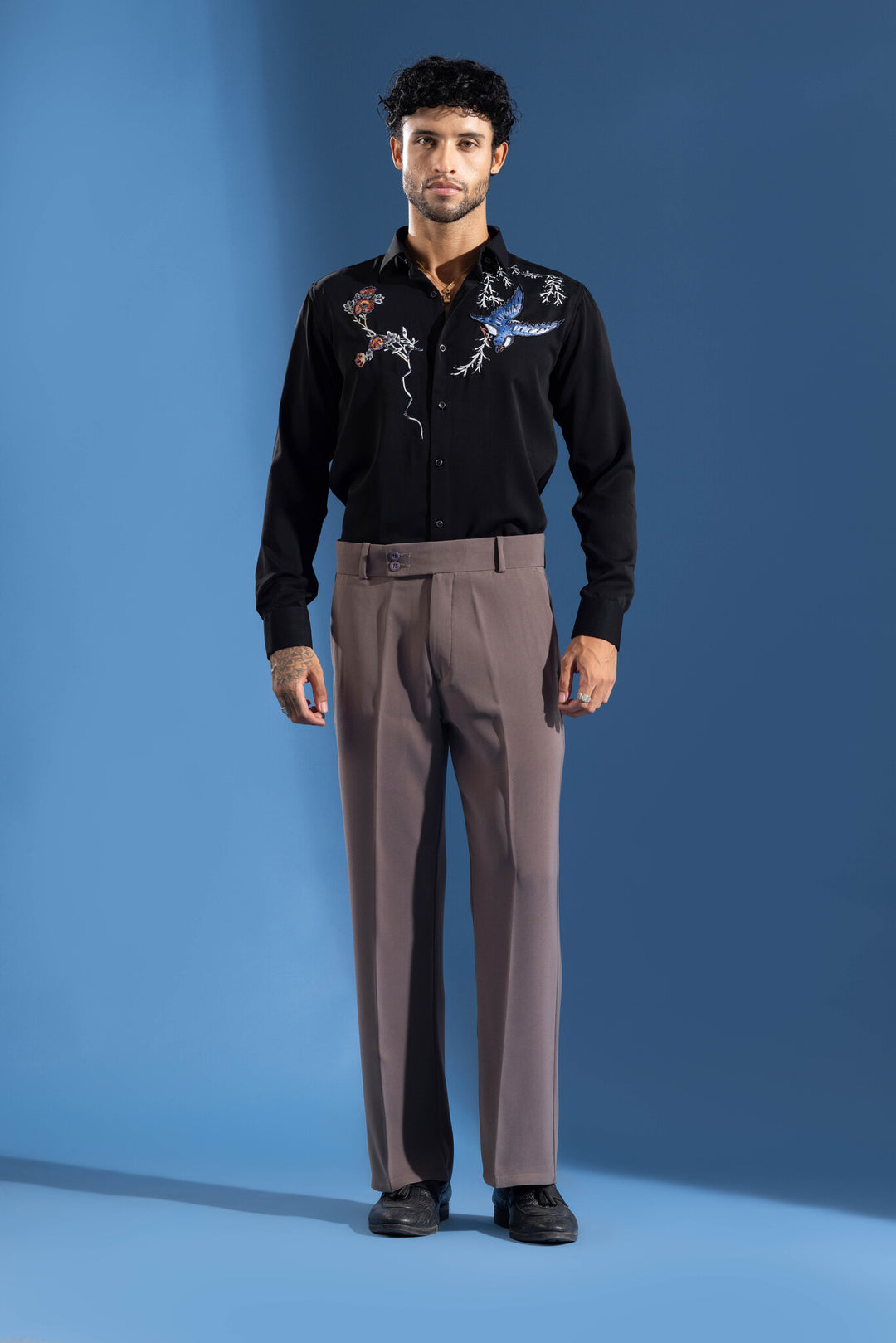 Black Color Bird Embellished Shirt