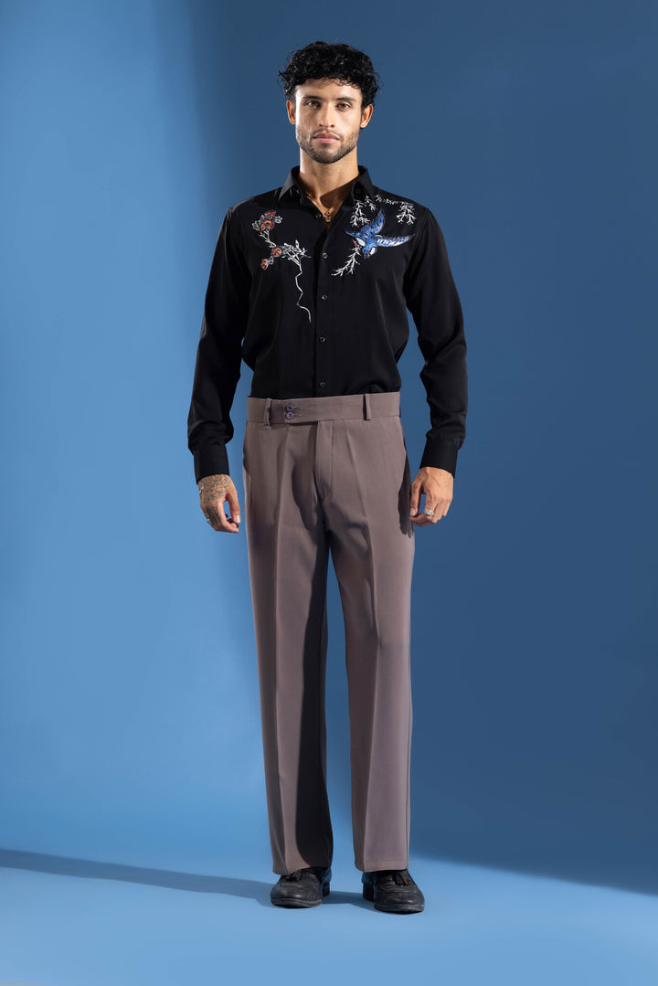 Black Color Bird Embellished Shirt