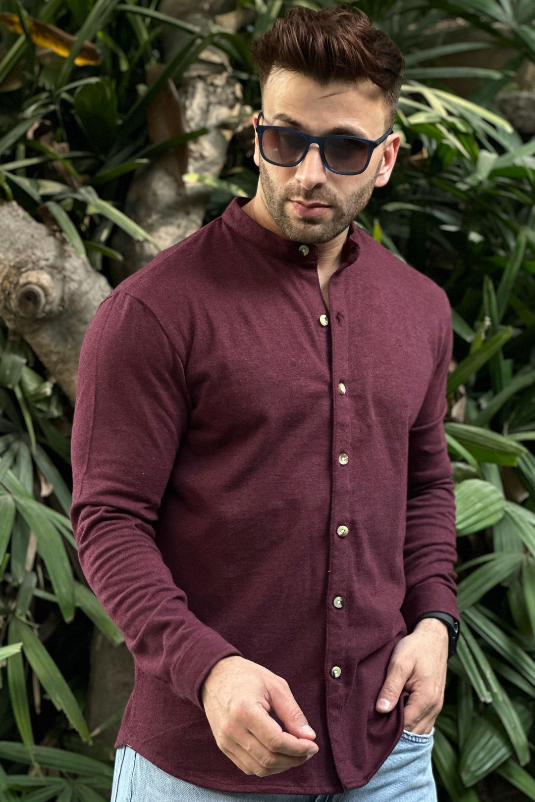 Wine Melange Knitted Solid Shirt