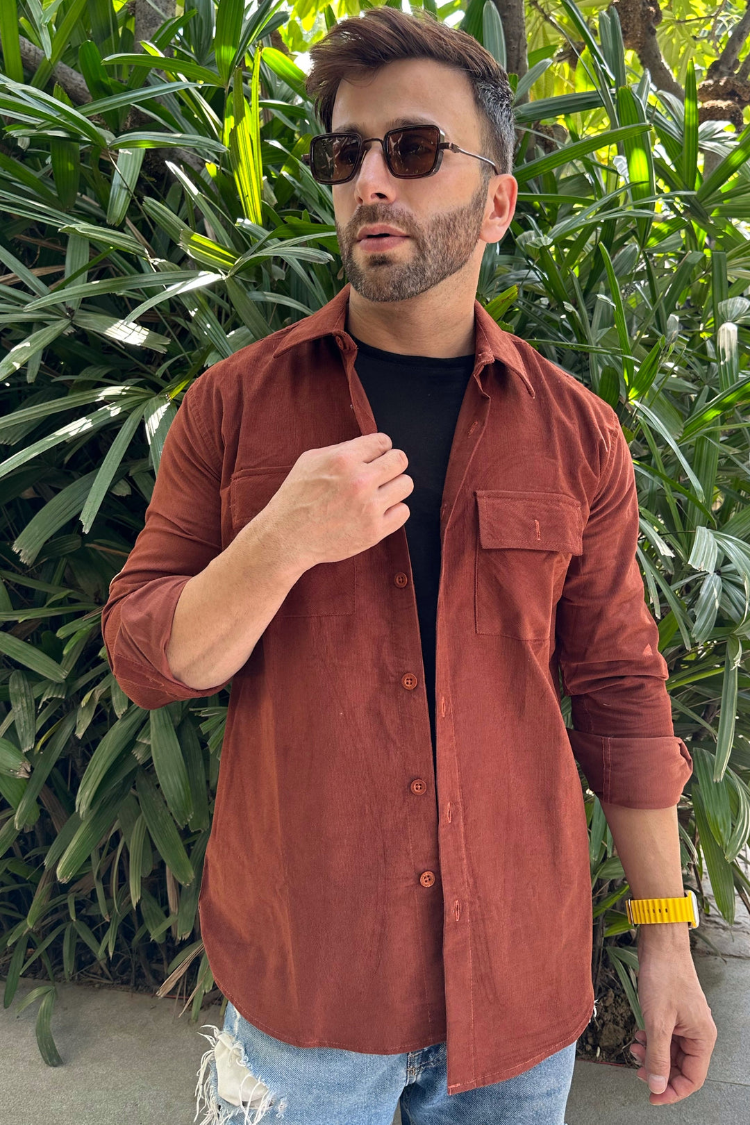 Brown Full Sleeve Double Pocket Corduroy Over Shirt
