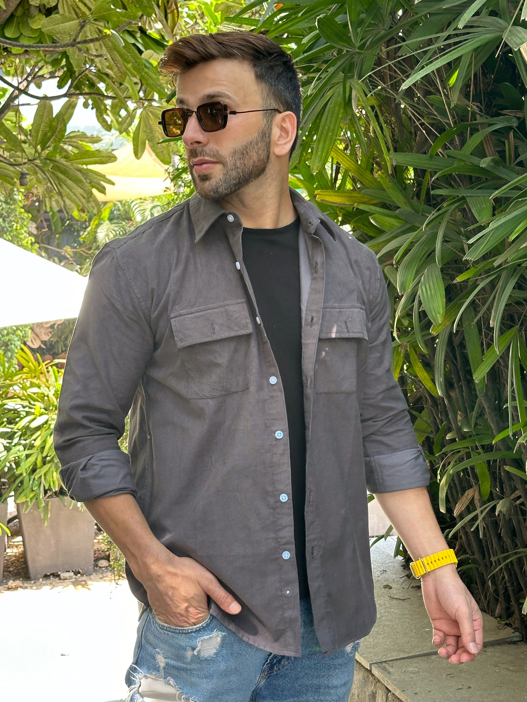 Dark Grey Double Pocket Corduroy Over Shirt