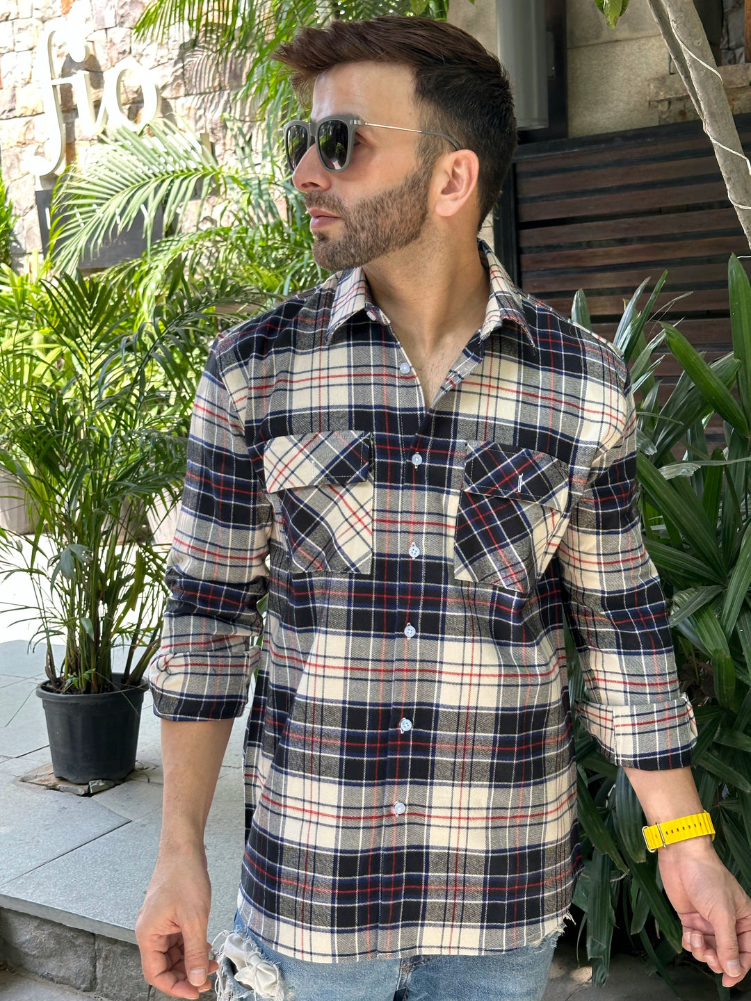 Navy Check Double Pocket Flannel Shirt