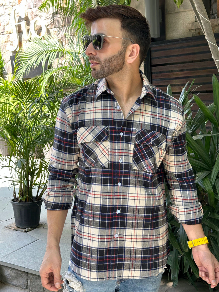 Navy Check Double Pocket Flannel Shirt