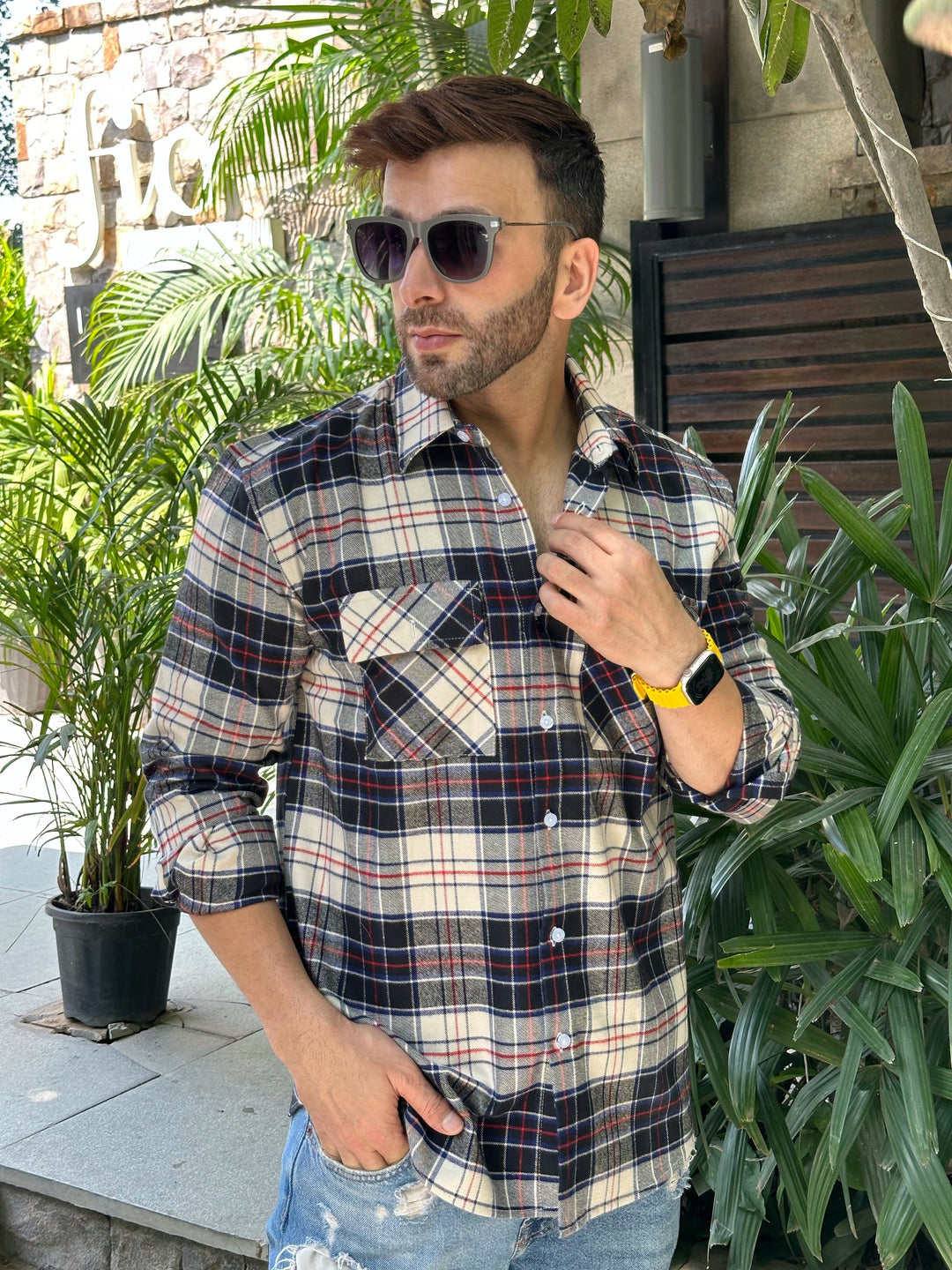 Navy Check Double Pocket Flannel Shirt