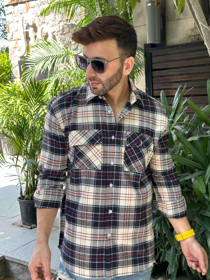 Navy Check Double Pocket Flannel Shirt