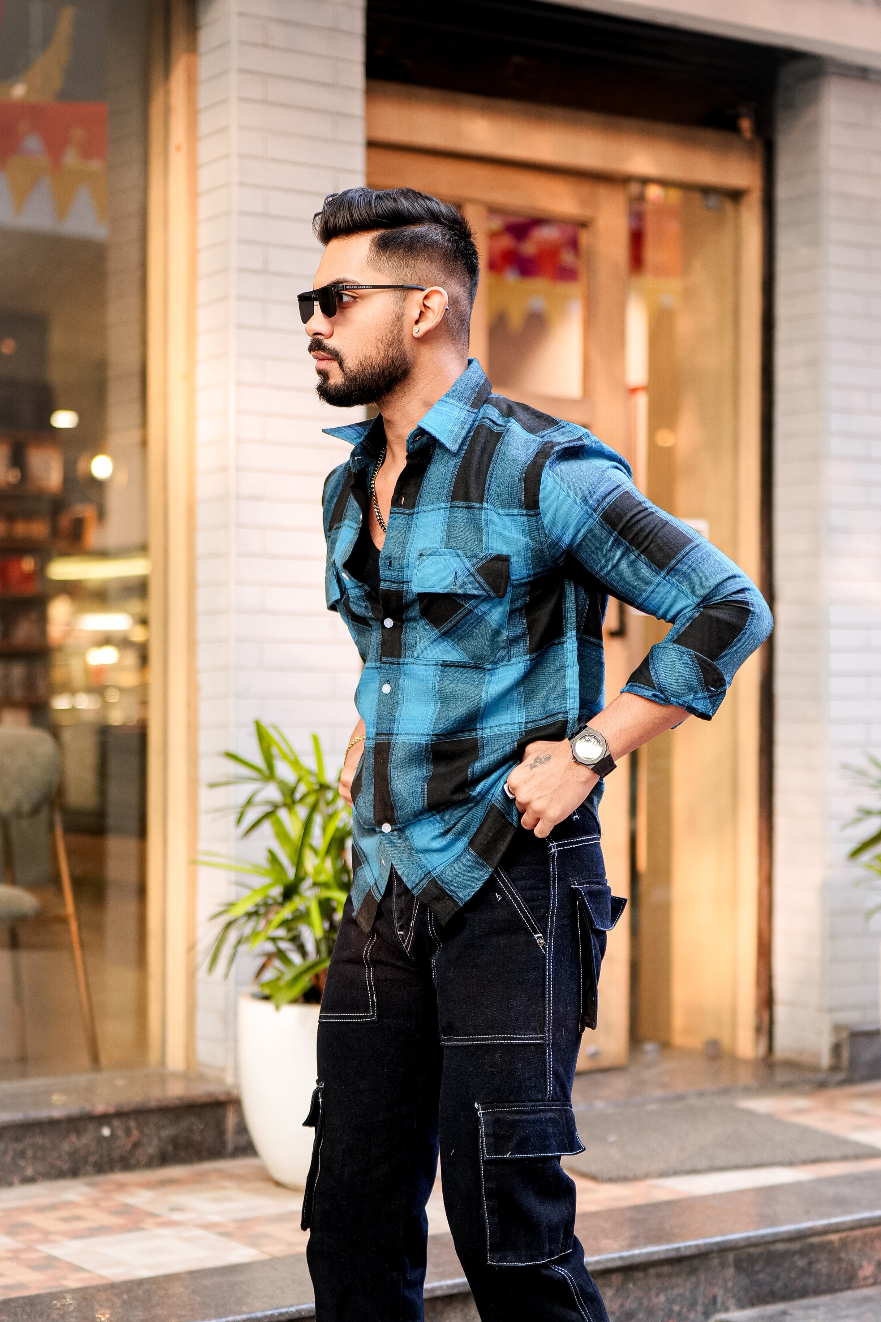Teal Blue Check Double Pocket Flannel Shirt