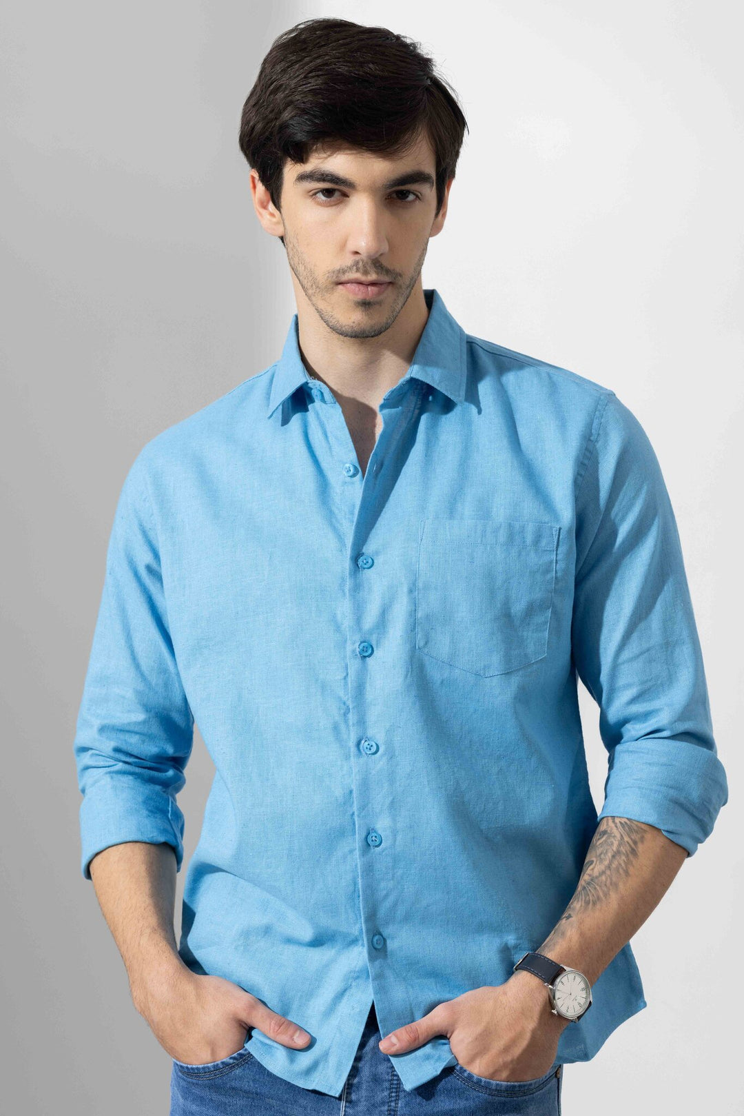 Blue Linen Full Sleeve Shirt