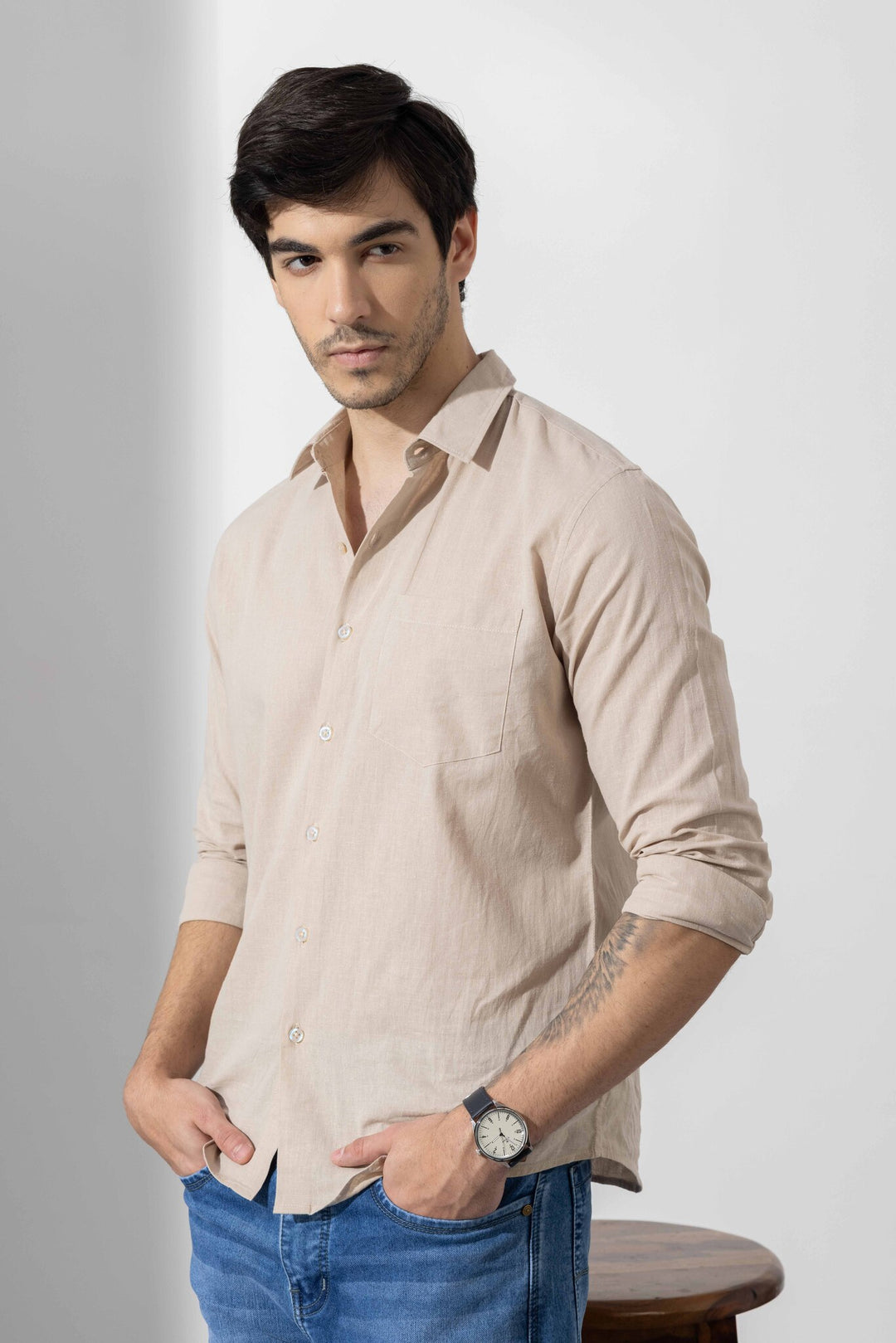 Cream Linen Full Sleeve Shirt