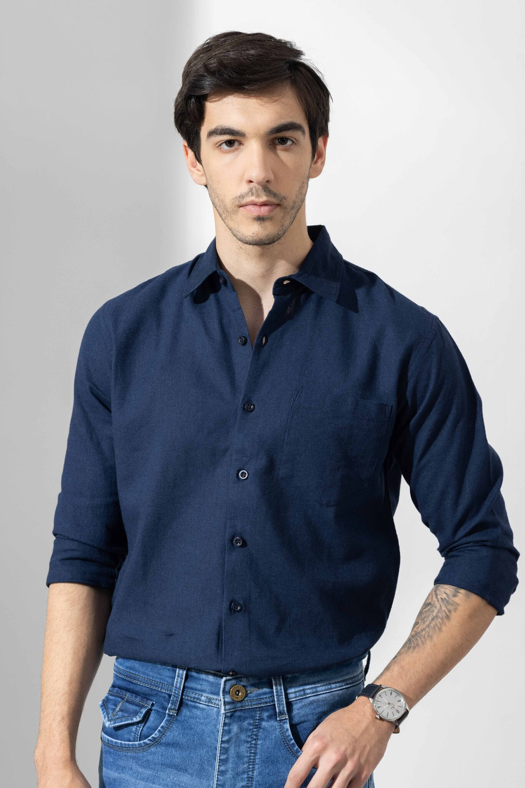 Dark Navy Linen Full Sleeve Shirt