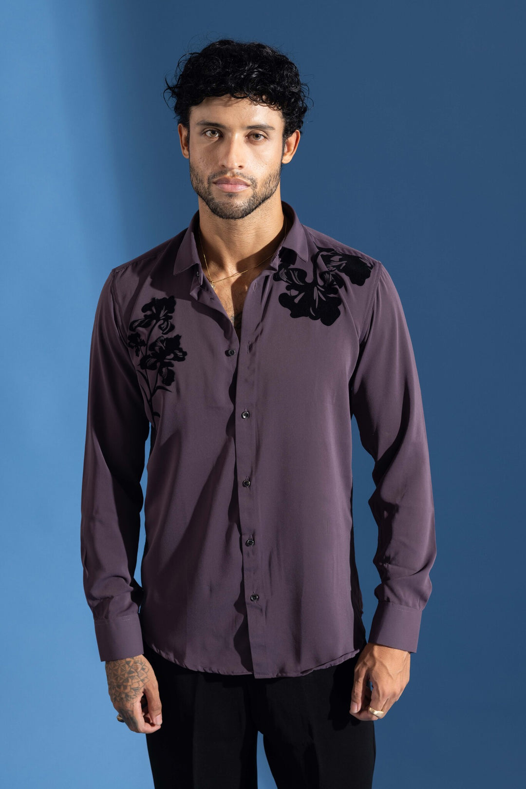 Purple Party Wear Shirt with Black Floral Print