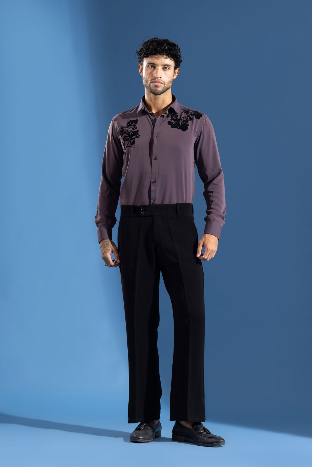 Purple Party Wear Shirt with Black Floral Print