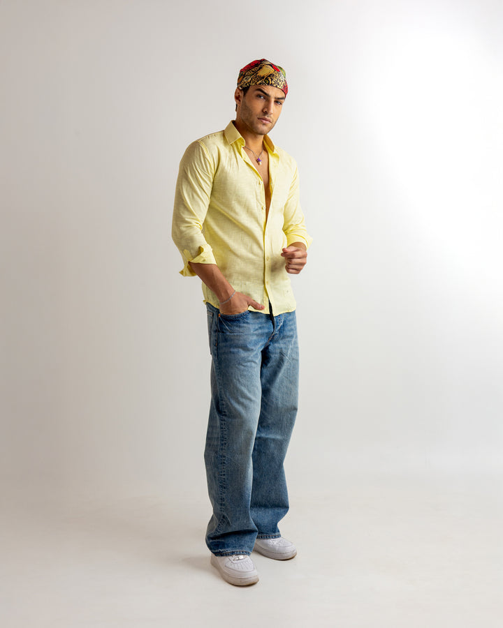 Yellow Solid Full Sleeve Linen Shirt
