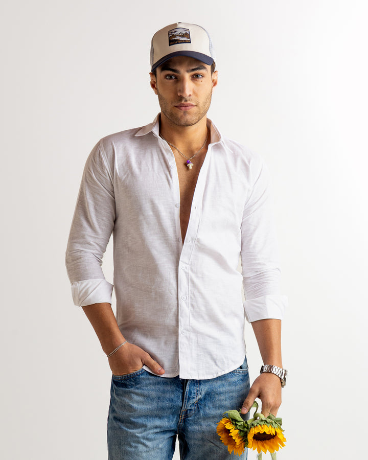 White Full Sleeve Linen Blended Shirt