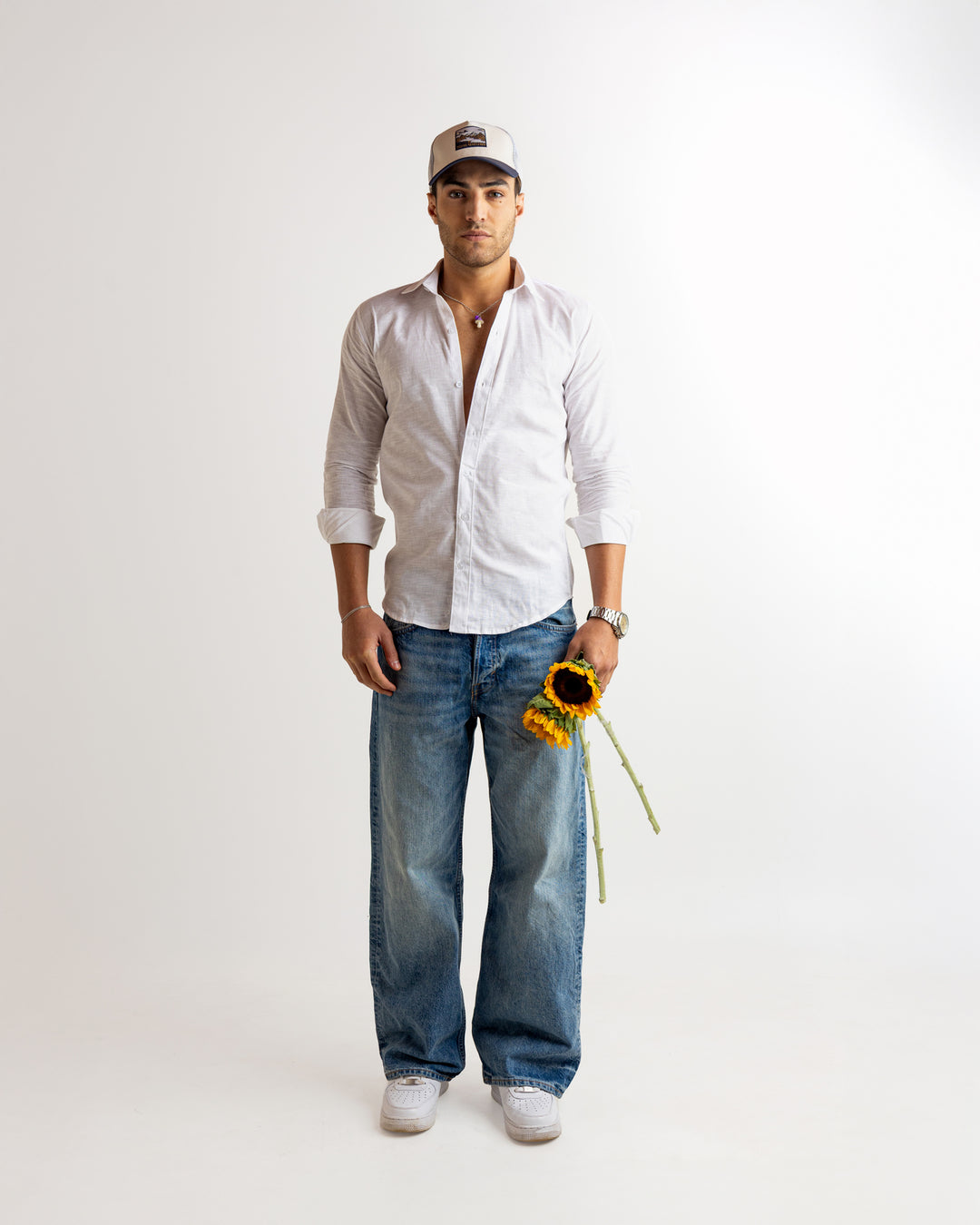 White Full Sleeve Linen Blended Shirt
