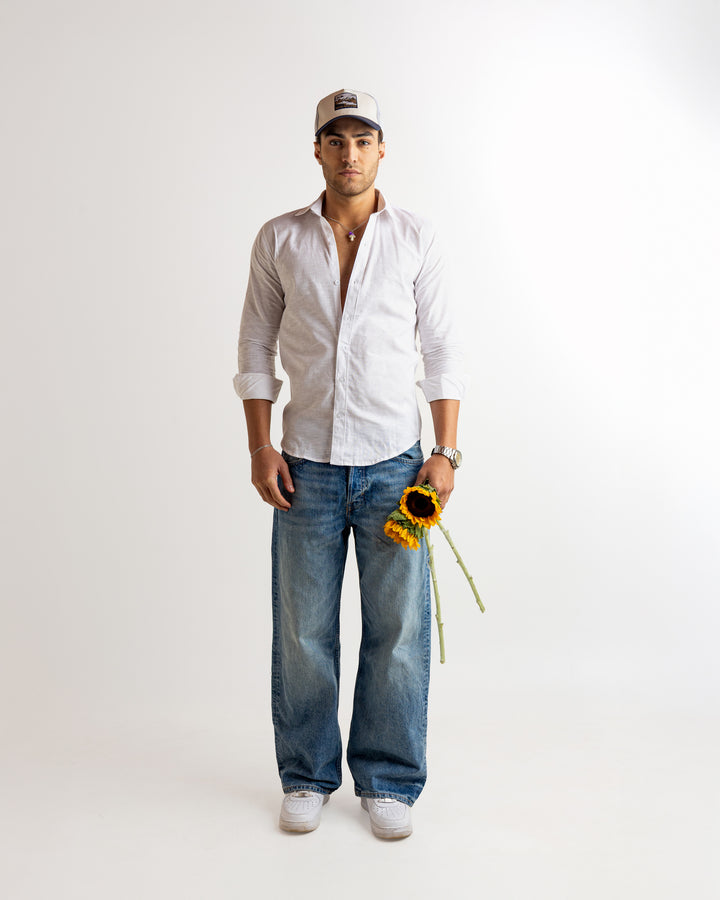 White Full Sleeve Linen Blended Shirt