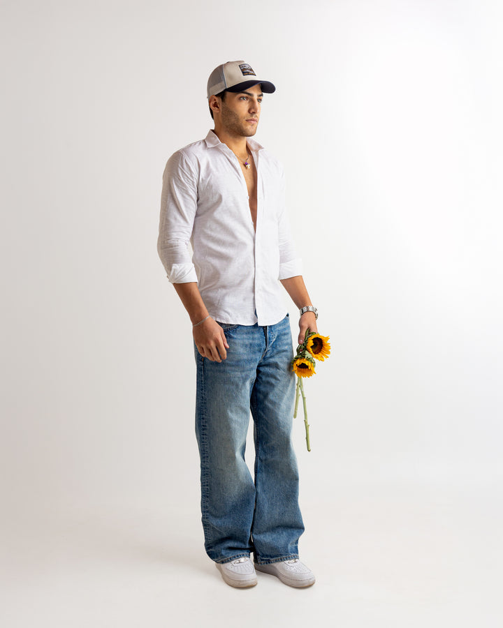 White Full Sleeve Linen Blended Shirt