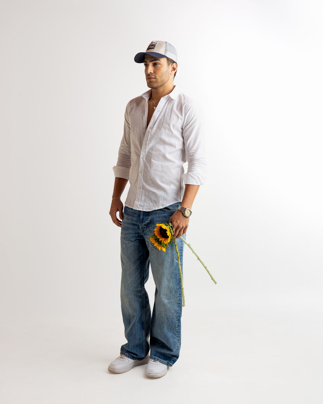 White Full Sleeve Linen Blended Shirt
